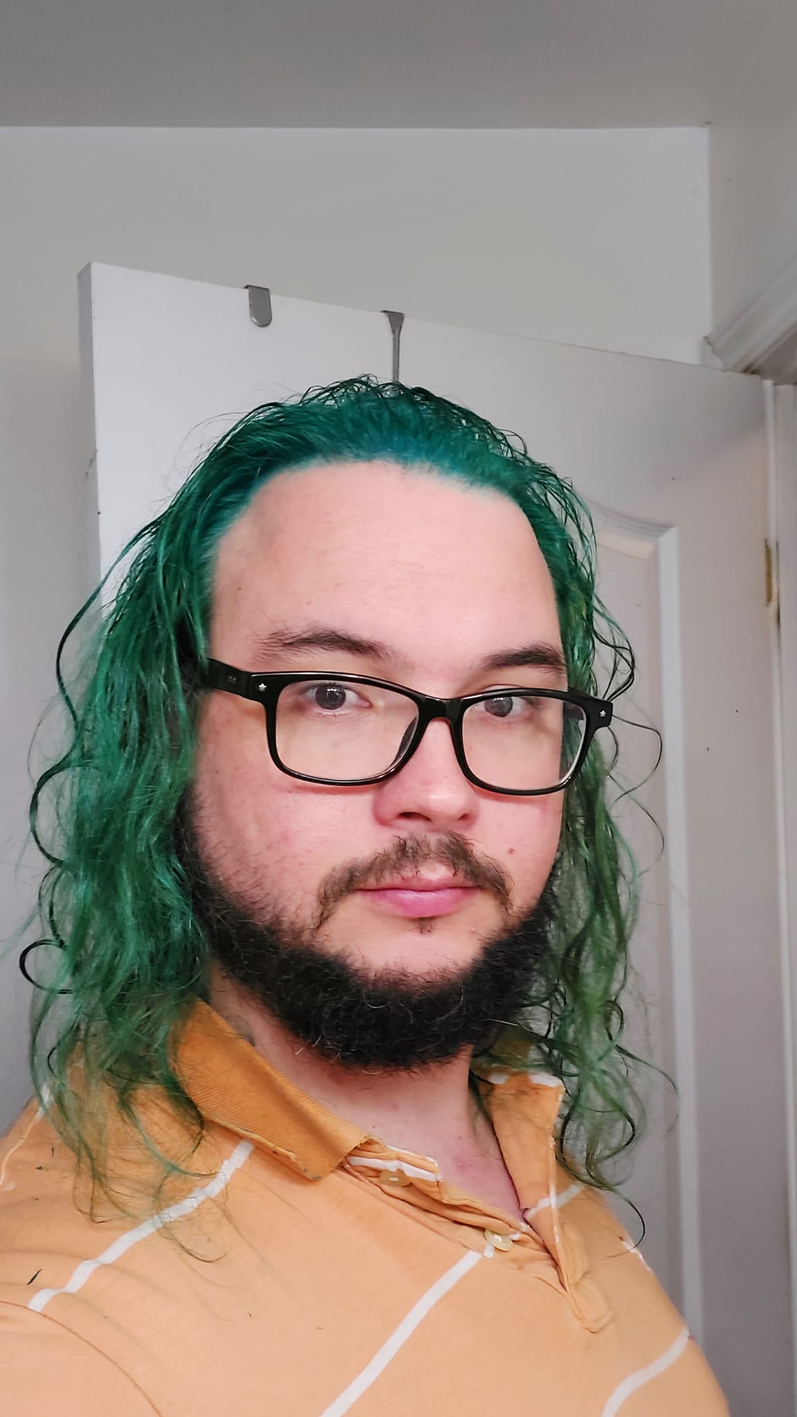 A man with long green hair stands in a well lit room